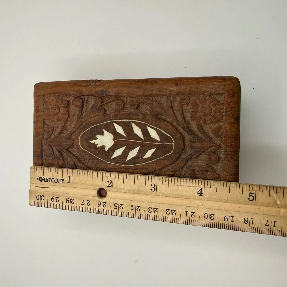 Vintage Hand Carved Wood Jewelry Box India Floral Inlay Small Trinket Keepsake